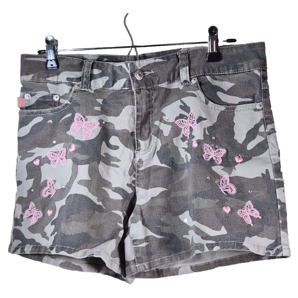 Vintage Bongo Girls Camo Shorts Pink Butterfly Y2K Size 16 2000s McBling Utility